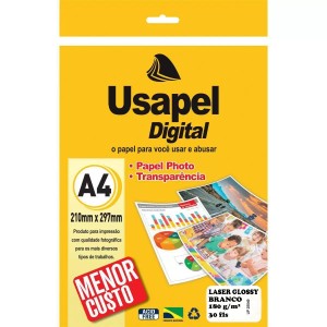 Papel Glossy Branco 180g/m² Laser A4 - 30 folhas - Usapel