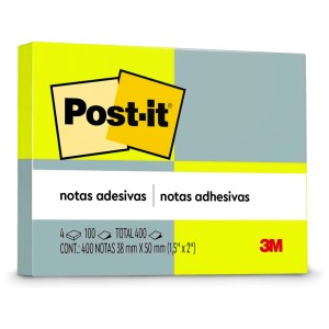 Bloco Notas Adesivas Post-it Neon 4 blocos de 38mm x 50mm 400 folhas - 3M