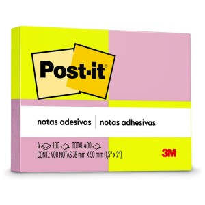 Bloco Notas Adesivas Post-it Neon 4 blocos de 38mm x 50mm 400 folhas - 3M